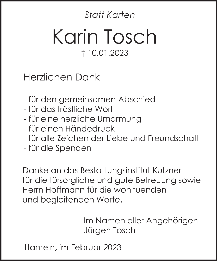  Traueranzeige für Karin Tosch vom 10.02.2023 aus Deister- und Weserzeitung