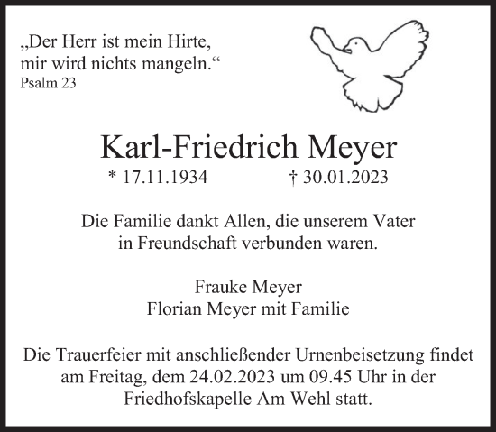 Traueranzeige von Karl-Friedrich Meyer von Deister- und Weserzeitung