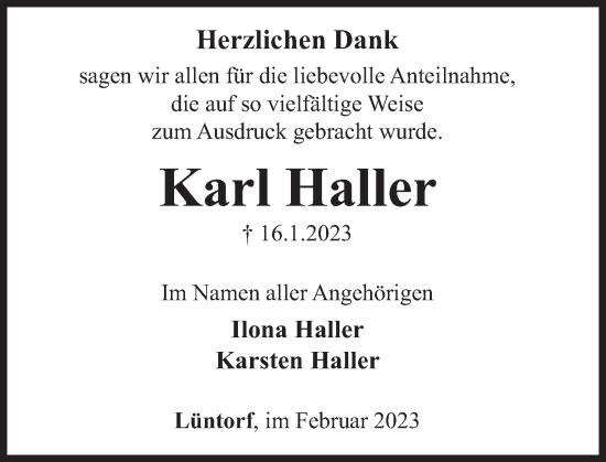 Traueranzeige von Karl Haller von Deister- und Weserzeitung