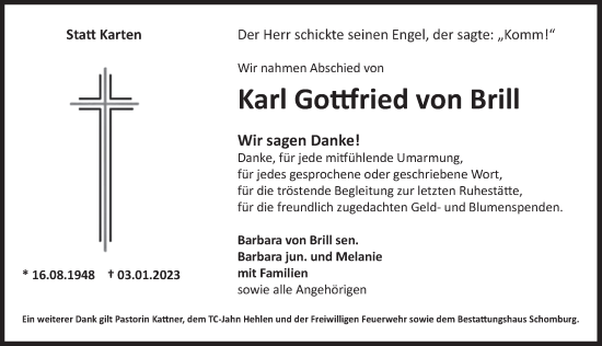 Traueranzeige von Karl Gottfried von Brill von Deister- und Weserzeitung
