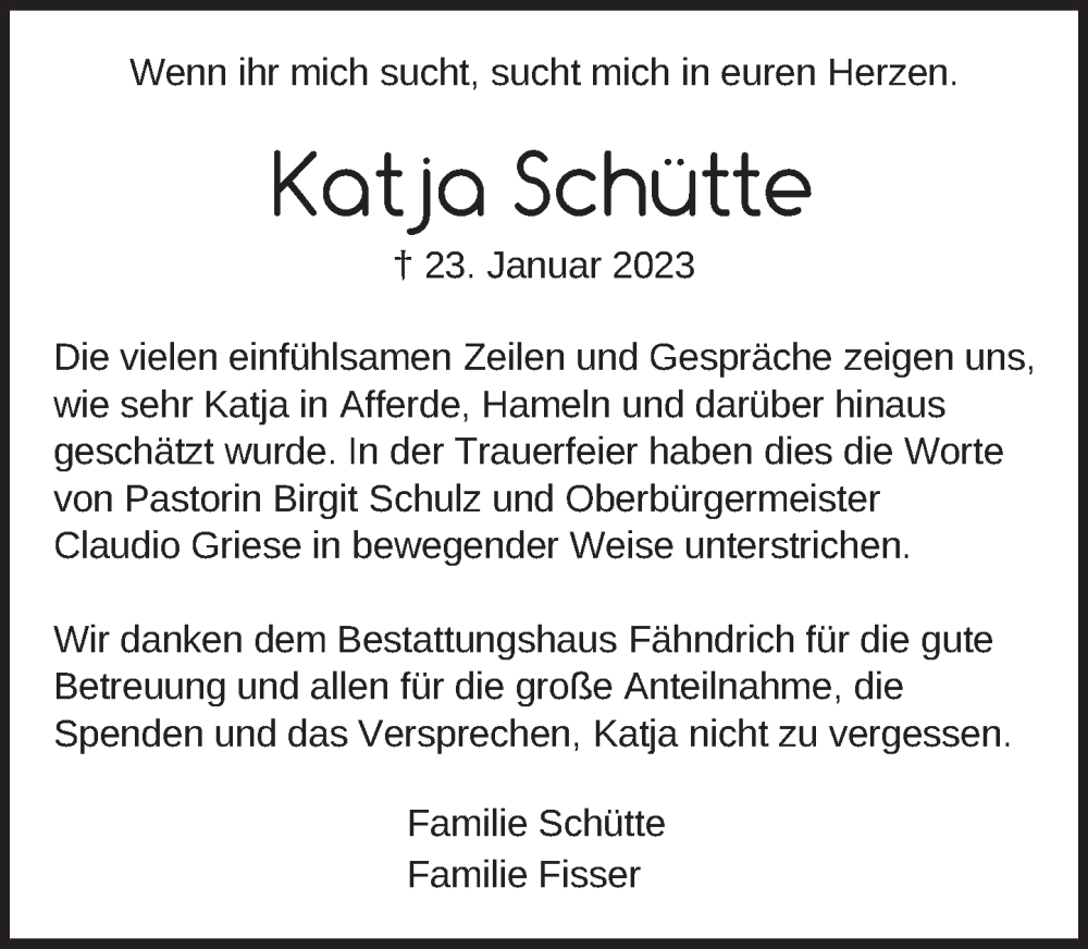 Traueranzeige für Katja Schütte vom 18.02.2023 aus Deister- und Weserzeitung