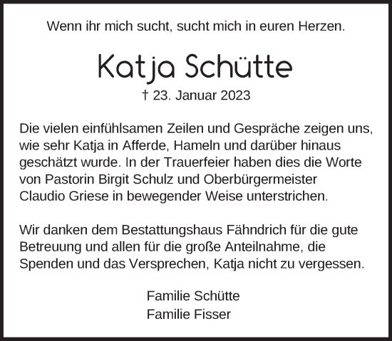 Traueranzeige von Katja Schütte von Deister- und Weserzeitung