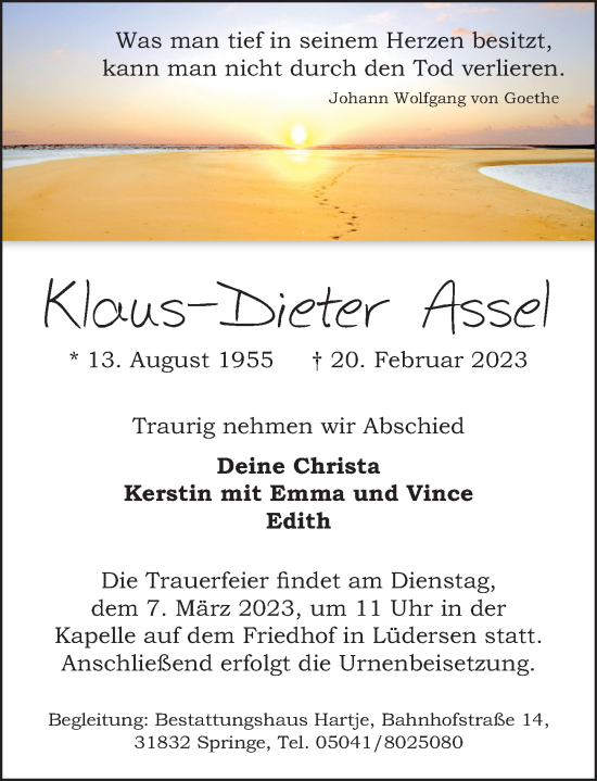 Traueranzeige von Klaus-Dieter Assel von Neue Deister-Zeitung
