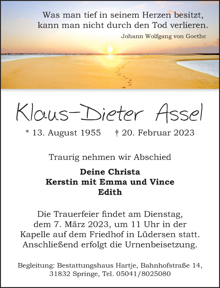  Traueranzeige für Klaus-Dieter Assel vom 25.02.2023 aus Neue Deister-Zeitung