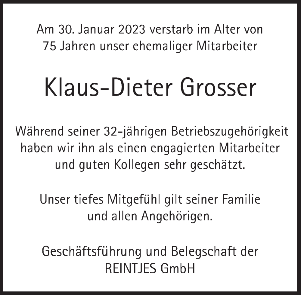  Traueranzeige für Klaus-Dieter Grosser vom 11.02.2023 aus Deister- und Weserzeitung