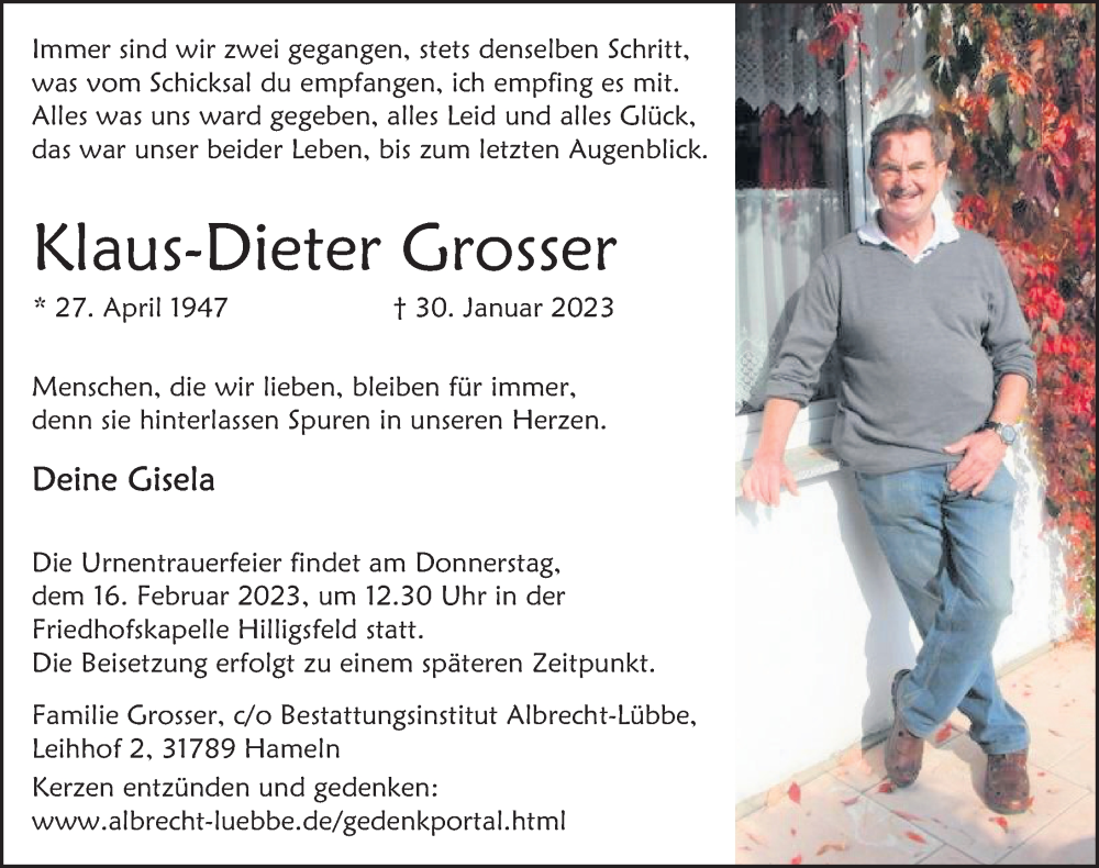 Traueranzeige für Klaus-Dieter Grosser vom 04.02.2023 aus Deister- und Weserzeitung