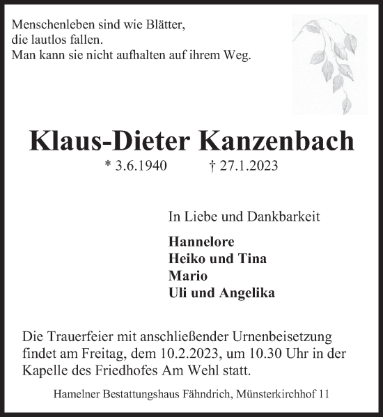 Traueranzeige von Klaus-Dieter Kanzenbach von Deister- und Weserzeitung