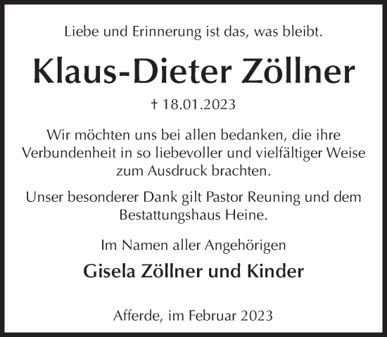 Traueranzeige von Klaus-Dieter Zöllner von Deister- und Weserzeitung