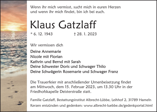 Traueranzeige von Klaus Gatzlaff von Deister- und Weserzeitung