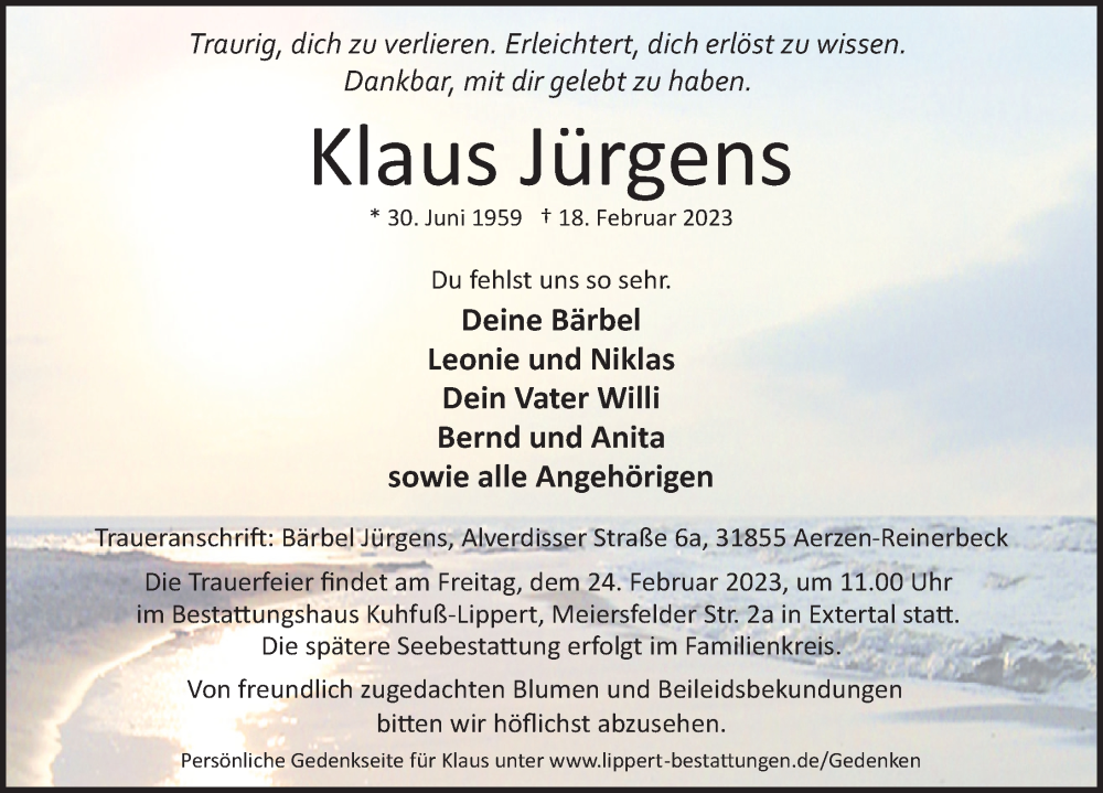  Traueranzeige für Klaus Jürgens vom 22.02.2023 aus Deister- und Weserzeitung