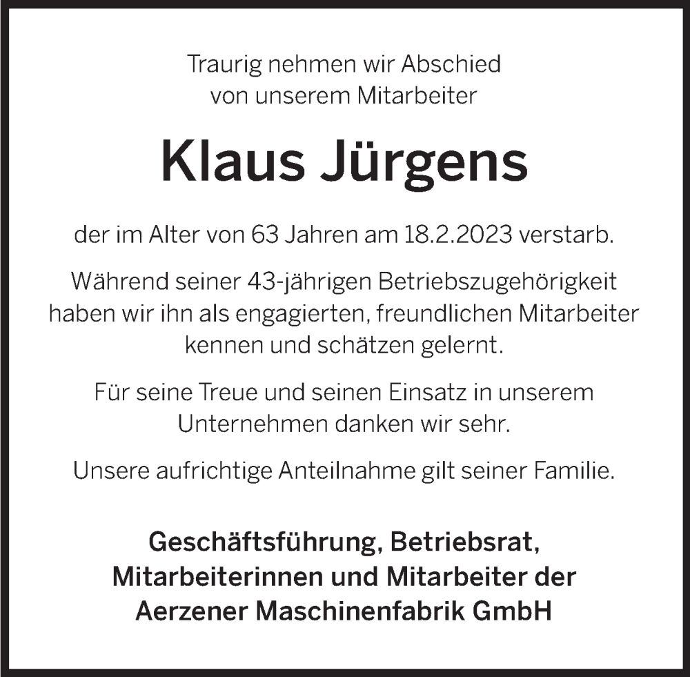  Traueranzeige für Klaus Jürgens vom 22.02.2023 aus Deister- und Weserzeitung