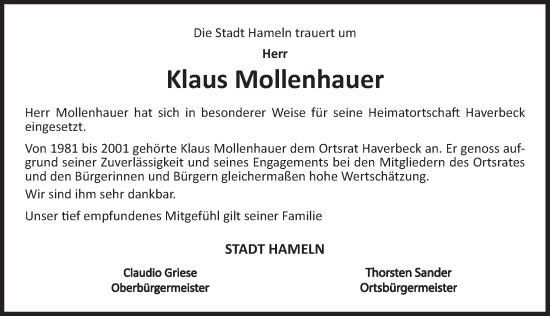 Traueranzeige von Klaus Mollenhauer von Deister- und Weserzeitung