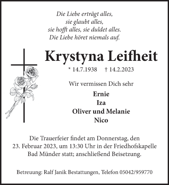 Traueranzeige von Krystyna Leifheit von Neue Deister-Zeitung