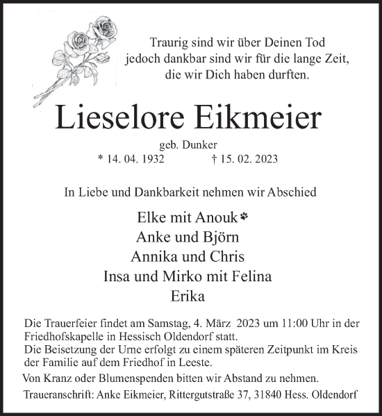 Traueranzeige von Lieselore Eikmeier von Deister- und Weserzeitung