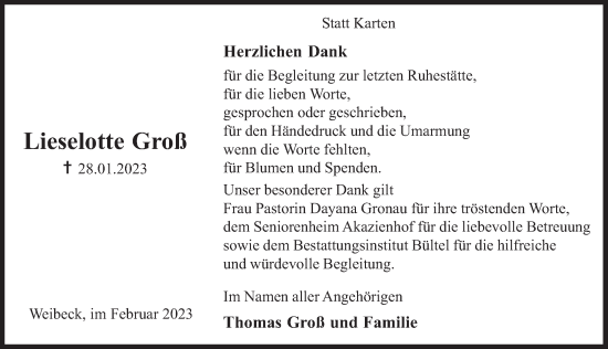 Traueranzeige von Lieselotte Groß von Deister- und Weserzeitung