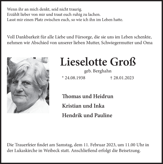 Traueranzeige von Lieselotte Groß von Deister- und Weserzeitung