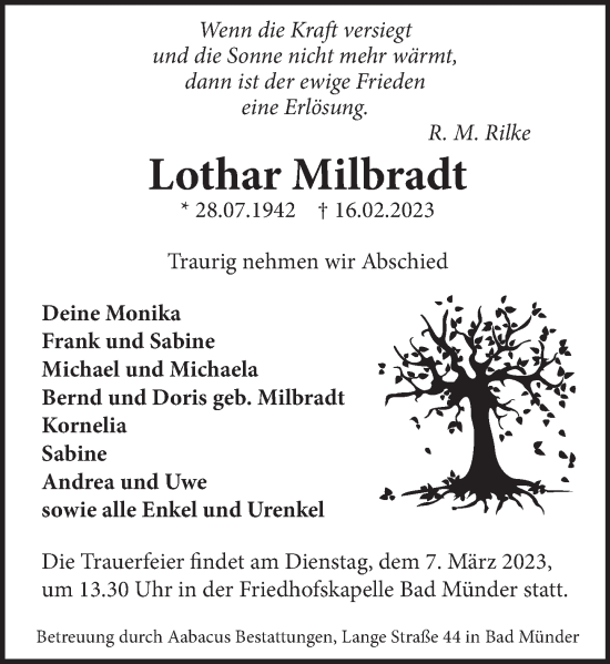 Traueranzeige von Lothar Milbradt von Neue Deister-Zeitung