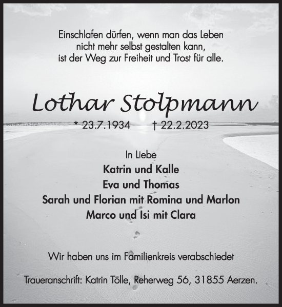 Traueranzeige von Lothar Stolpmann von Deister- und Weserzeitung
