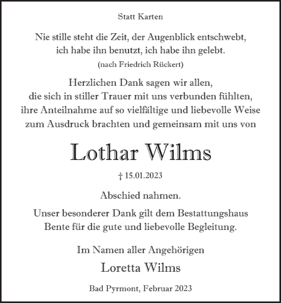 Traueranzeige von Lothar Wilms von Deister- und Weserzeitung