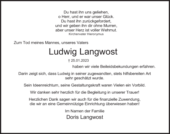 Traueranzeige von Ludwig Langwost von Deister- und Weserzeitung