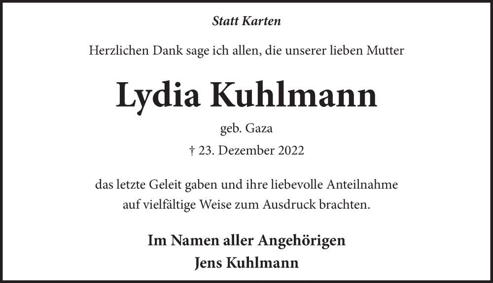  Traueranzeige für Lydia Kuhlmann vom 11.02.2023 aus Neue Deister-Zeitung