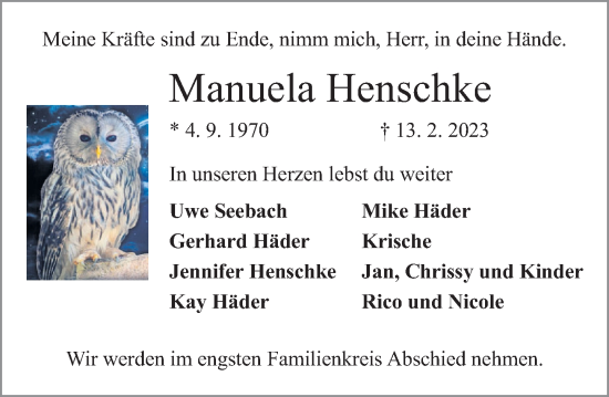 Traueranzeige von Manuela Henschke von Deister- und Weserzeitung
