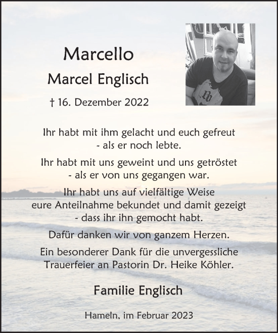 Traueranzeige von Marcel Englisch von Deister- und Weserzeitung