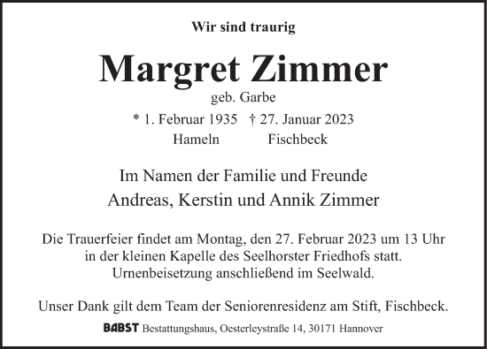 Traueranzeige von Margret Zimmer von Deister- und Weserzeitung