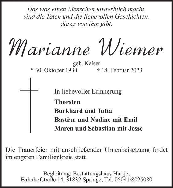 Traueranzeige von Marianne Wiemer von Neue Deister-Zeitung