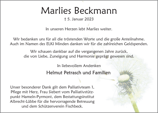 Traueranzeige von Marlies Beckmann von Deister- und Weserzeitung
