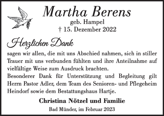Traueranzeige von Martha Berens von Neue Deister-Zeitung