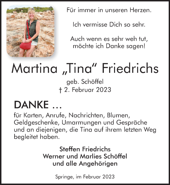 Traueranzeige von Martina Friedrichs von Neue Deister-Zeitung