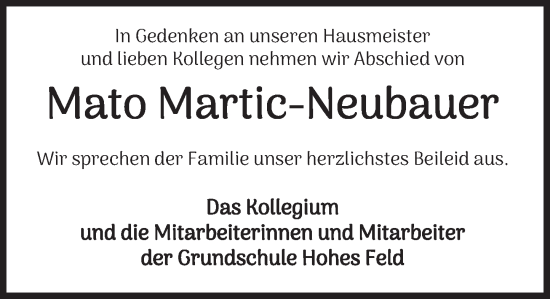 Traueranzeige von Mato Martic-Neubauer von Deister- und Weserzeitung