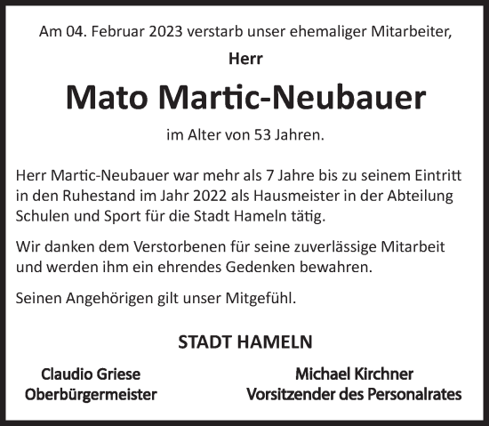Traueranzeige von Mato Martic-Neubauer von Deister- und Weserzeitung