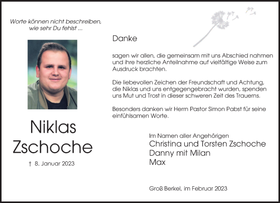 Traueranzeige von Niklas Zschoche von Deister- und Weserzeitung