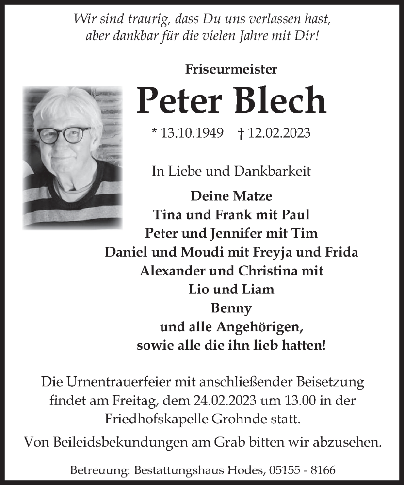  Traueranzeige für Peter Blech vom 18.02.2023 aus Deister- und Weserzeitung