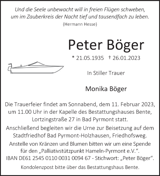 Traueranzeige von Peter Böger von Deister- und Weserzeitung