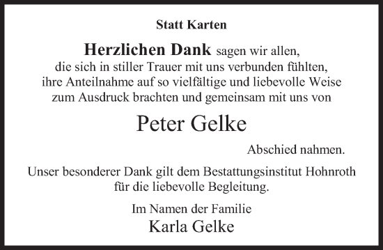 Traueranzeige von Peter Gelke von Deister- und Weserzeitung