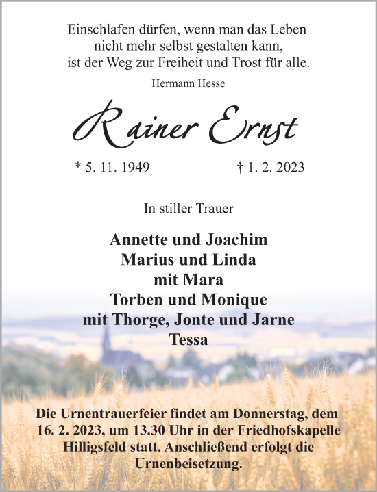 Traueranzeige von Rainer Ernst von Deister- und Weserzeitung
