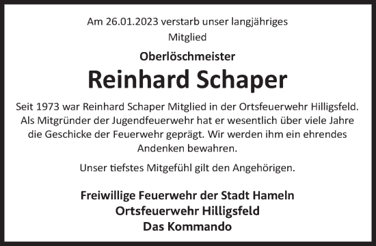 Traueranzeige von Reinhard Schaper von Deister- und Weserzeitung