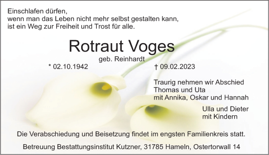 Traueranzeige von Rotraut Voges von Deister- und Weserzeitung