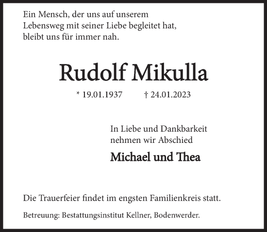 Traueranzeige von Rudolf Mikulla von Deister- und Weserzeitung