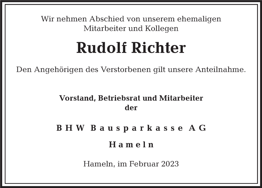  Traueranzeige für Rudolf Richter vom 24.02.2023 aus Deister- und Weserzeitung