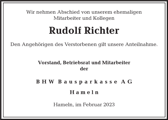 Traueranzeige von Rudolf Richter von Deister- und Weserzeitung