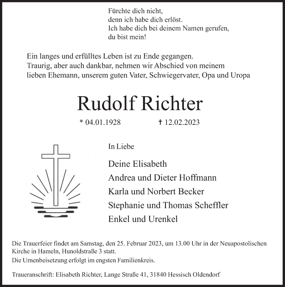  Traueranzeige für Rudolf Richter vom 18.02.2023 aus Deister- und Weserzeitung