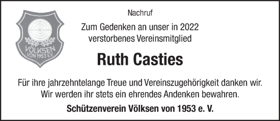 Traueranzeige von Ruth Casties von Neue Deister-Zeitung