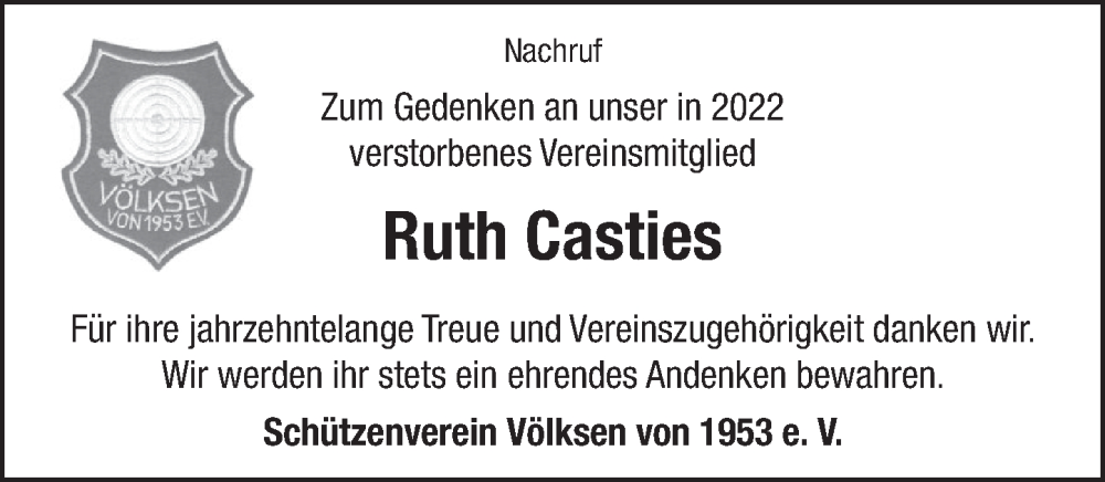  Traueranzeige für Ruth Casties vom 25.02.2023 aus Neue Deister-Zeitung