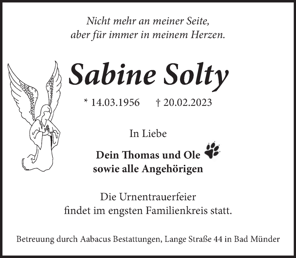  Traueranzeige für Sabine Solty vom 04.03.2023 aus Neue Deister-Zeitung