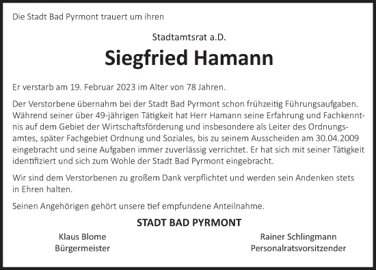 Traueranzeige von Siegfried Hamann von Deister- und Weserzeitung