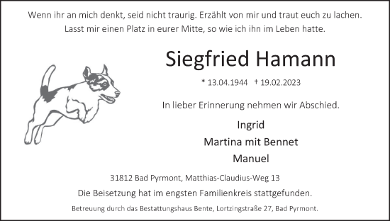 Traueranzeige von Siegfried Hamann von Deister- und Weserzeitung